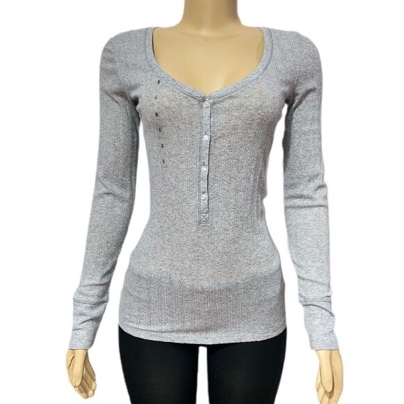 Victorias Secret Soft Metallic Henley Pajama top long sleeve light gray Large - Picture 3 of 5